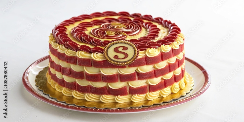Poster layered cake with spiral s design a layered cake featuring alternating layers of red and gold icing.