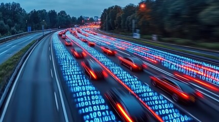 Cars on a highway with digital binary overlay.