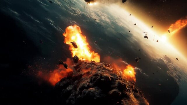 Massive flaming asteroid hurtling through space on a collision course with earth s surface