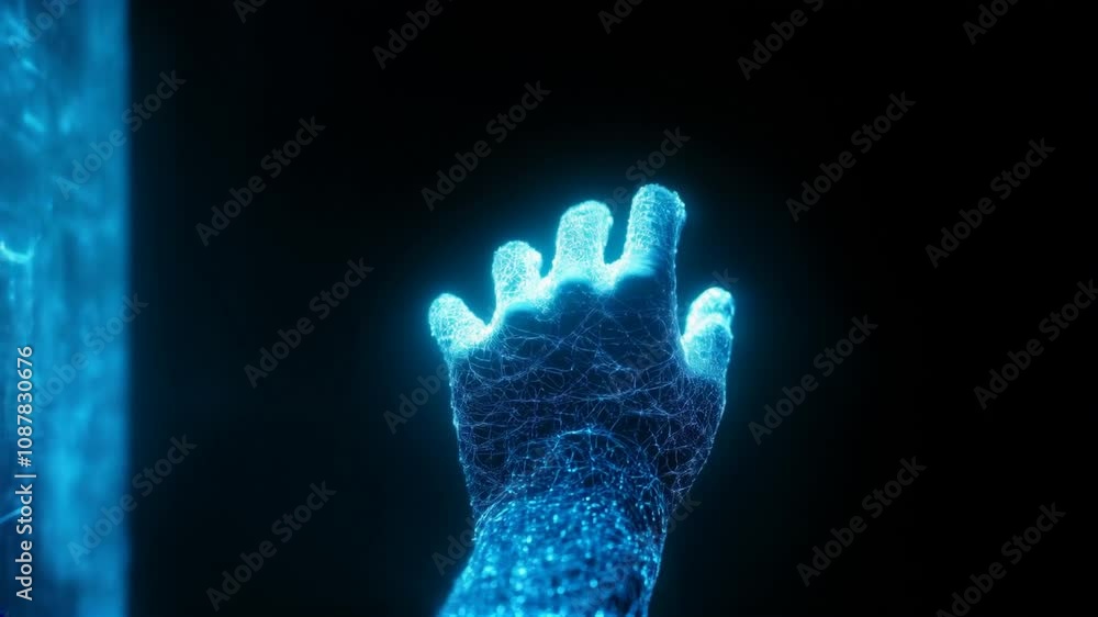 Poster futuristic hand reaching for a glowing blue digital interface with network like patterns