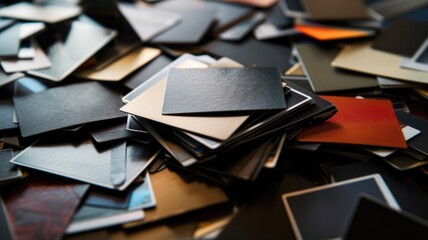 Pile of colorful sample cards showcasing diverse textures and materials for design inspiration