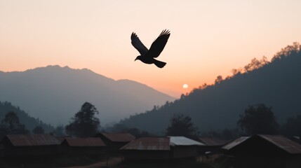 Fototapeta premium Hornbill bird flying over the Hornbill Festival, symbolizing wellbeing and happiness.