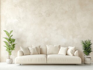 Beige Sofa Against Textured Wall With Plants