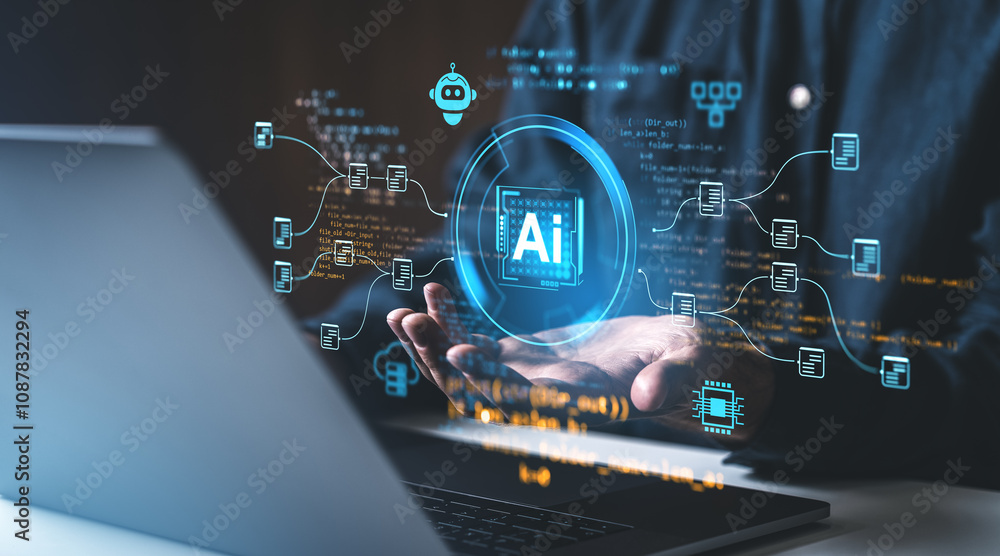 Poster hands holding an ai hologram with data flow graphics, set against a dark background, symbolizing tec