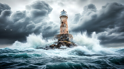 An Ancient Weathered Lighthouse Overlooking Turbulent Seas Amidst a Raging Storm