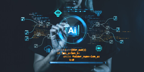 Person interacting with AI hologram interface, futuristic tech s