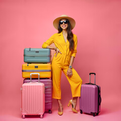 A stylish woman in a yellow jumpsuit poses with colorful suitcases against a pink background. Ideal for travel promotions, fashion marketing, and luggage advertising, copy space