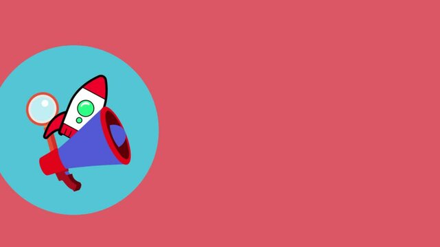 Red rocket blue megaphone magnifying glass reside within blue circle on coral.