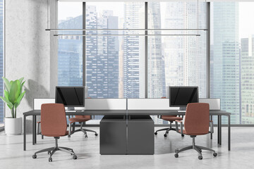 Modern office interior with workstations and city view through large windows in a minimalist design. 3D Rendering