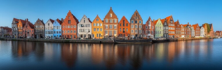 Fototapeta premium Colorful riverside houses reflected on the water under clear skies in a peaceful town