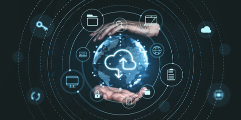 Fototapeta premium Hands surrounding digital cloud icons on a dark background, symbolizing online data storage and management, futuristic style