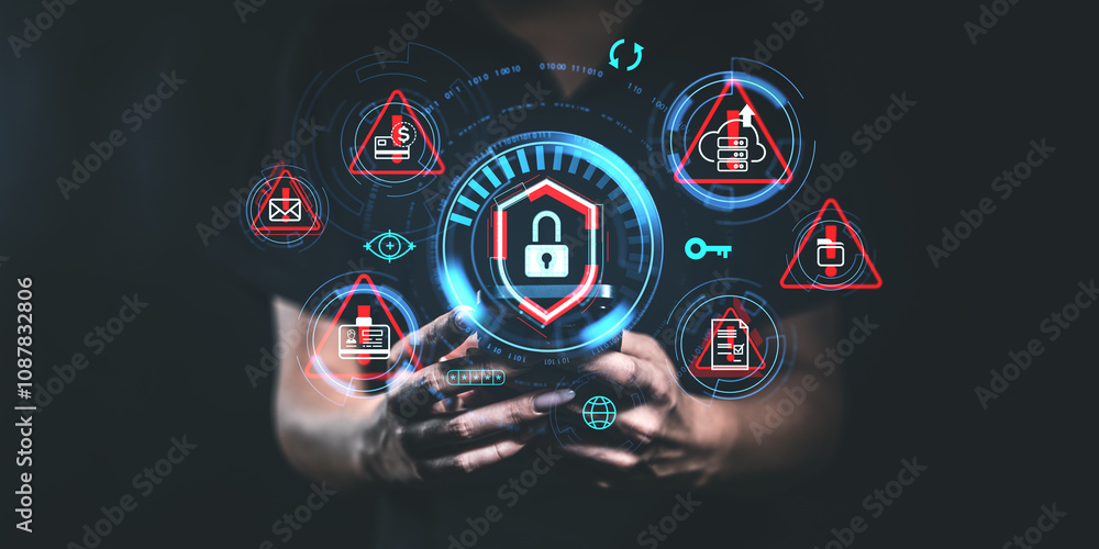 Poster digital security concept with holographic lock and warning icons. futuristic style on dark backgroun