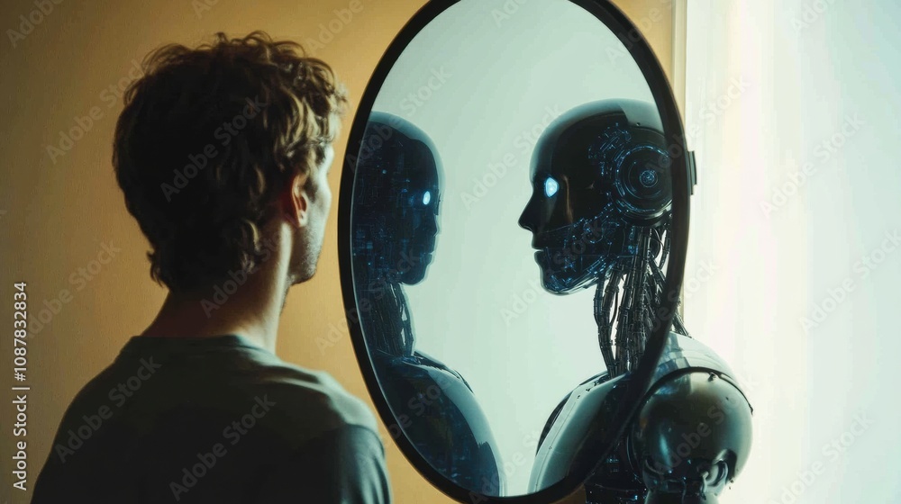 Poster A human stands in front of a digital mirror, observing a robot reflection with glowing eyes in a tranquil indoor setting. Generative AI