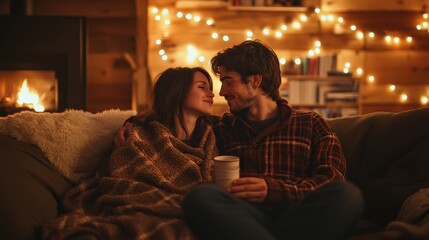 Cozy couple sitting on a sofa by a rustic fireplace, wrapped in blankets and sipping hot cocoa, surrounded by warm fairy lights and bookshelves in a cabin-style living room