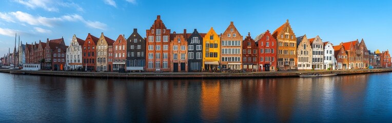 Colorful riverside houses reflected on the water under clear skies in a peaceful town