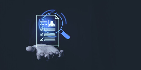 Digital hand holding a glowing resume document with a magnifying glass icon in dark background,...