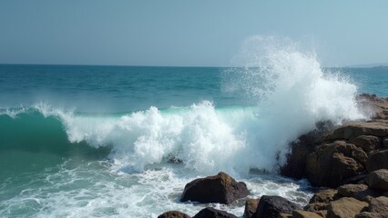 A powerful wave breaks against rocks along the coast, sending white spray into the air. The sun shines brightly, illuminating the turquoise water