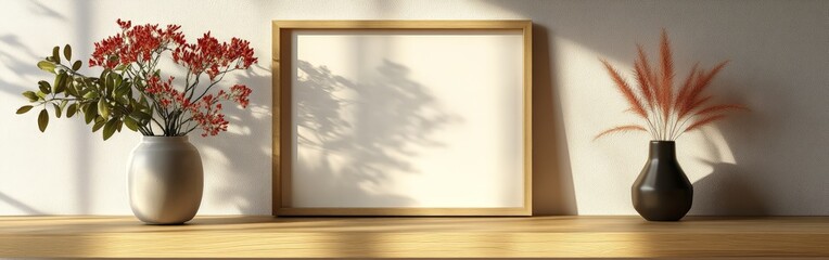 Blank picture frame on a minimalist white shelf, modern home decor