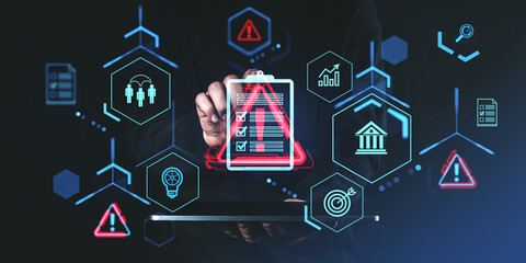 Risk management icons with safety and financial symbols displayed on a dark digital interface.