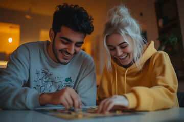 Fototapeta premium Couple Playing Board Game Together in Cozy Home