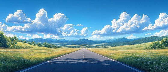 A serene landscape featuring a road stretching through lush fields and mountains under a blue sky.