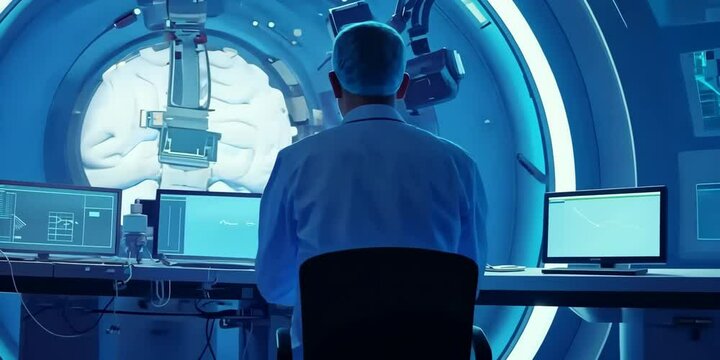 Head of radiation therapy department standing with arms crossed, observing patient simulations on a computer monitor, 4K Video
