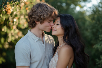 Fototapeta premium Man Kissing Woman’s Forehead in Sunlit Garden 
