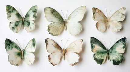 "Delicate Wings: Green and Beige Butterfly Watercolor Illustration Set"

