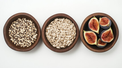 "Wholesome Grains: Oats, Figs, Sunflower Seeds, and Almonds in a Wooden Bowl"

