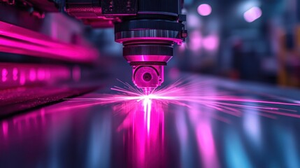 Closeup of a laser cutting machine in action, with sparks flying and a pink beam of light.