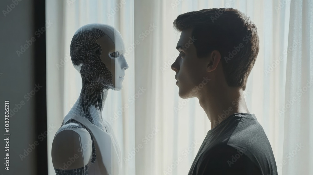 Poster a human stands before a digital mirror, observing a robotic reflection in a contemporary setting fil