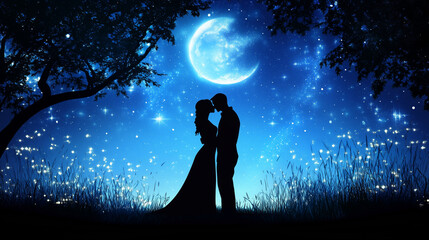 Romantic Silhouette Couple Under Moonlit Sky