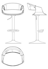 Bar Chair, Bar stool editable vector illustration on white background. chair Line art, clip art, Fancy Chair, Hand-drawn design elements with Front, Side, and Top Views