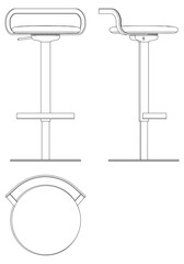 Bar Chair, Bar stool editable vector illustration on white background. chair Line art, clip art, Fancy Chair, Hand-drawn design elements with Front, Side, and Top Views