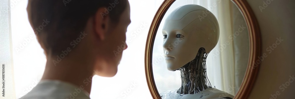 Poster a person examines their reflection in a digital mirror, which displays a humanoid robot, highlightin
