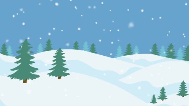 Falling snow blankets a snowy landscape with evergreen trees.