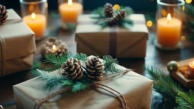 Wrapping Christmas gifts in recycled paper with natural twine, pinecones, and handmade tags, on a minimalist table. . 4K Video
