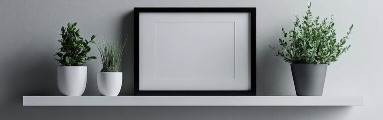 Obraz premium Blank minimalist picture frame on shelf with clean, modern interior design