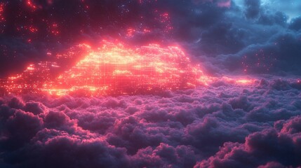 Fototapeta premium A vibrant, digital landscape above clouds, illuminated with neon-like patterns.