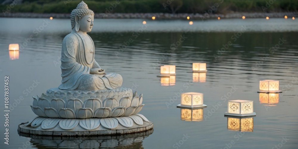 Poster elegant contours an elegant s statue with intricate patterns floating on calm water surrounded by de