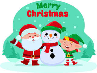 Merry Christmas Greeting With Santa, Snowman And Elf. Vector Illustration Flat Design With Landscape Background