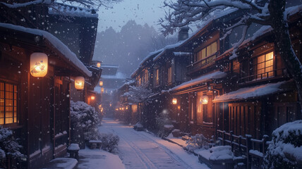 Fototapeta premium 夕暮れに輝く雪景色の古い日本の街並み