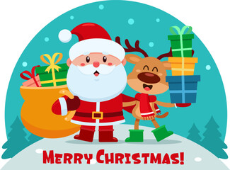 Merry Christmas Greeting With Santa Claus And Reindeer. Vector Illustration Flat Design With Landscape Background