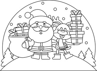 Outlined Merry Christmas Greeting With Santa Claus And Reindeer. Vector Hand Drawn Illustration