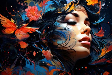 Naklejka premium Captivating illustration featuring a womans face enveloped in swirling colors. Dramatic contrasts and expressive features make this artwork ideal for fashion, beauty, and artistic themes.