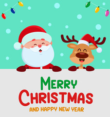 Cute Santa Claus And Reindeer Cartoon Characters Holding A Merry Christmas Sign