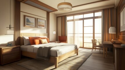 Sunlit Modern Bedroom With Wooden Accents And Large Windows