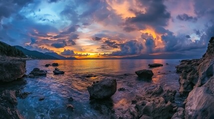 Majestic Coastal Sunset Panorama: Serene Ocean Meets Vibrant Sky