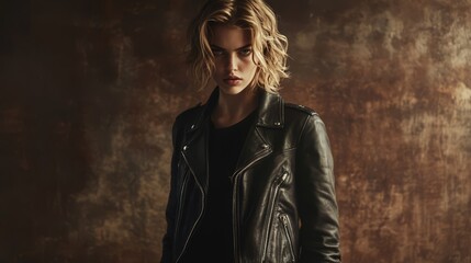 A young woman with short blond hair wearing a black leather jacket stands in front of a rustic brown wall.  She stares intently at the camera, her expression serious.
