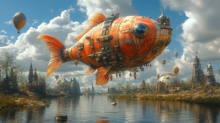 A whimsical scene featuring a giant fish airship floating above a serene landscape.